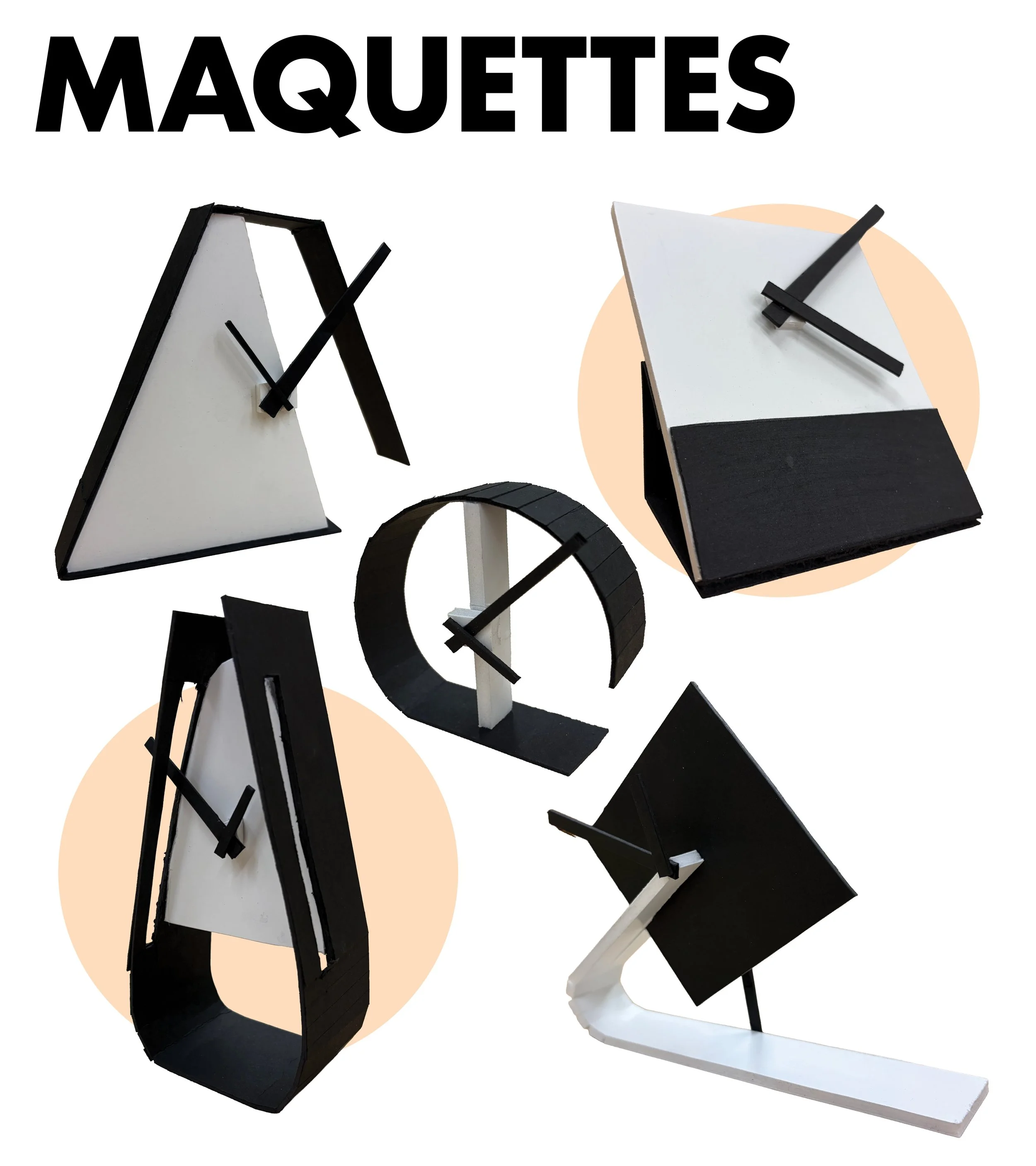 Various black and white miniature model clocks with different modern designs, some with visible clock hands, set against a plain background with beige circle accents.
