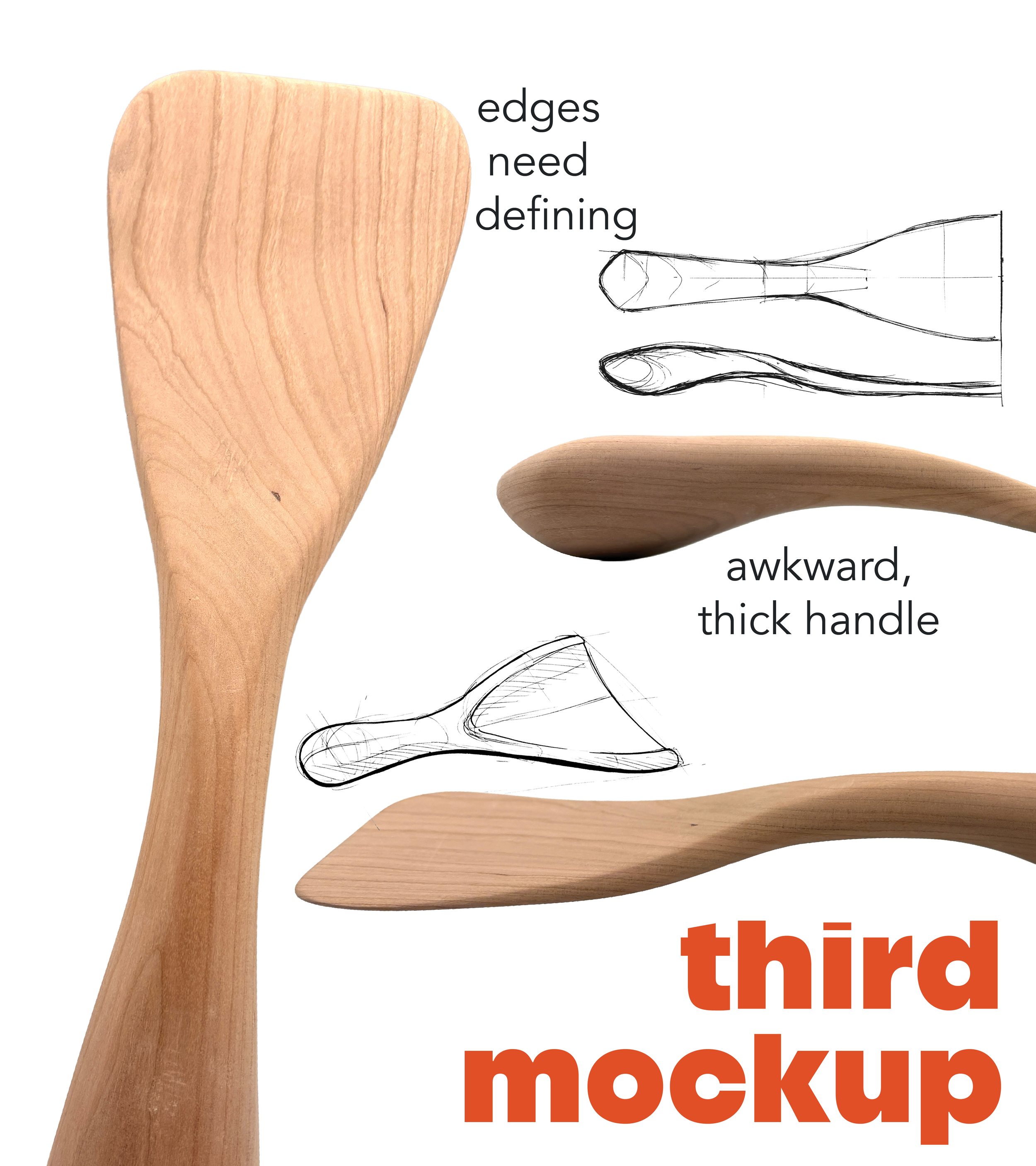 Close-up of a wooden spoon with a thick handle, overlaid with a sketch of another spoon and text stating 'edges need defining' and 'awkward, thick handle'.