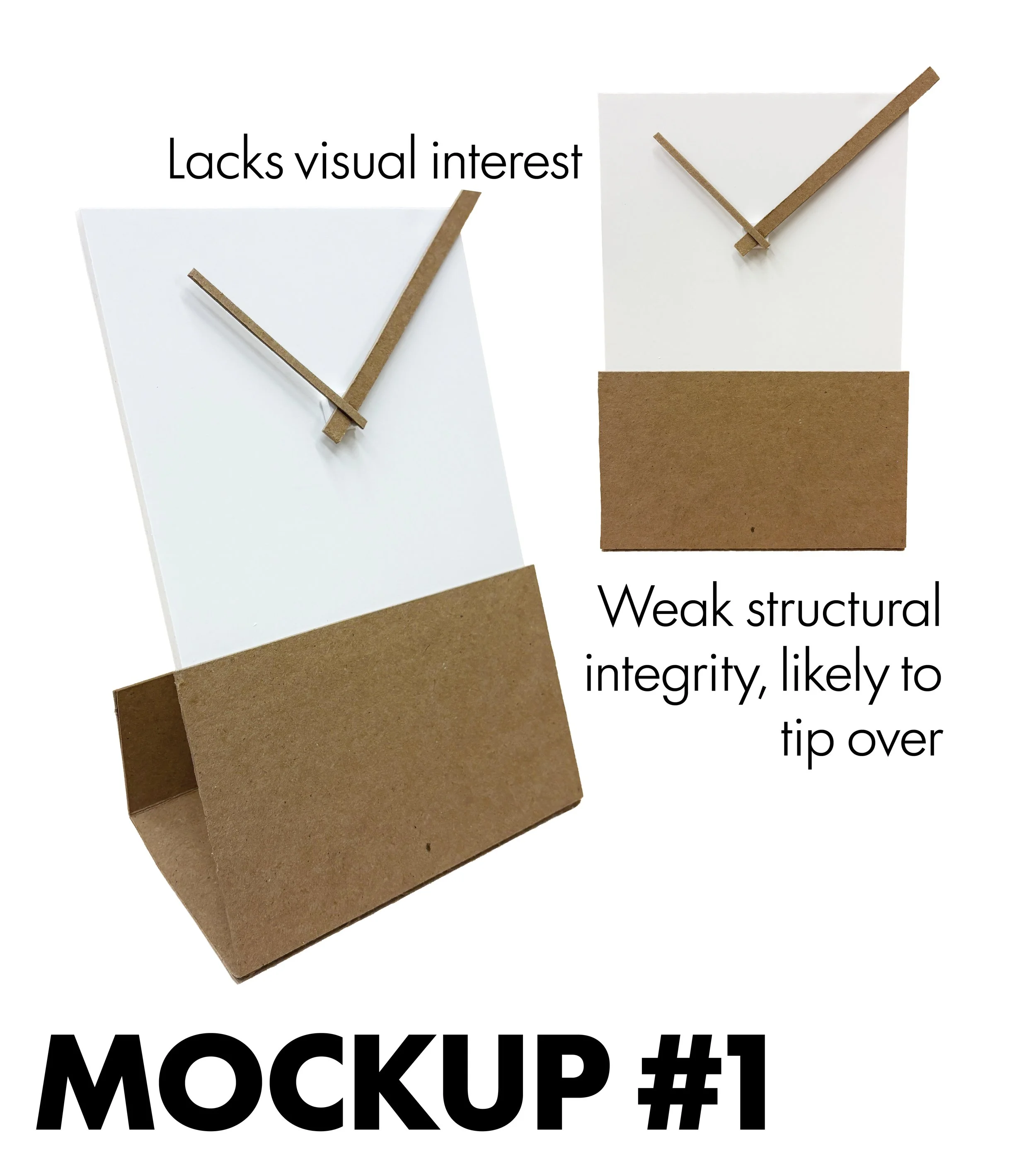 White and brown cardboard clocks with minimalist design, one labeled as having 'lacks visual interest,' and another labeled as 'weak structural integrity, likely to tip over,' with text implying these are mockups.