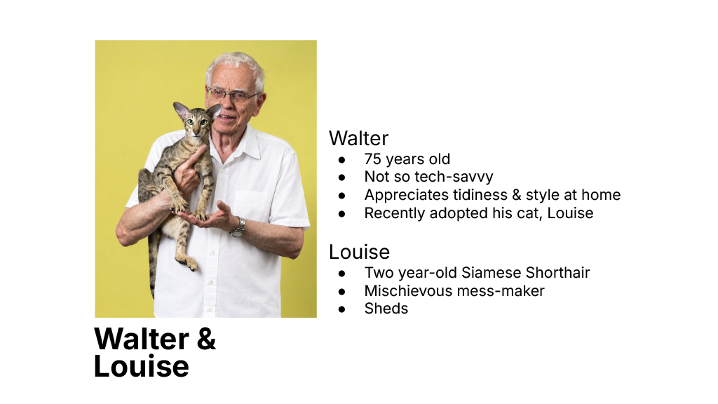 An elderly man with white hair and glasses holding a Siamese cat, standing against a yellow background. The image includes informational text about Walter, a 75-year-old man who is not very tech-savvy, who recently adopted his cat Louise, a mischievous two-year-old Siamese Shorthair. The text also mentions Walter's appreciation for tidiness at home and his shared life with the cat.