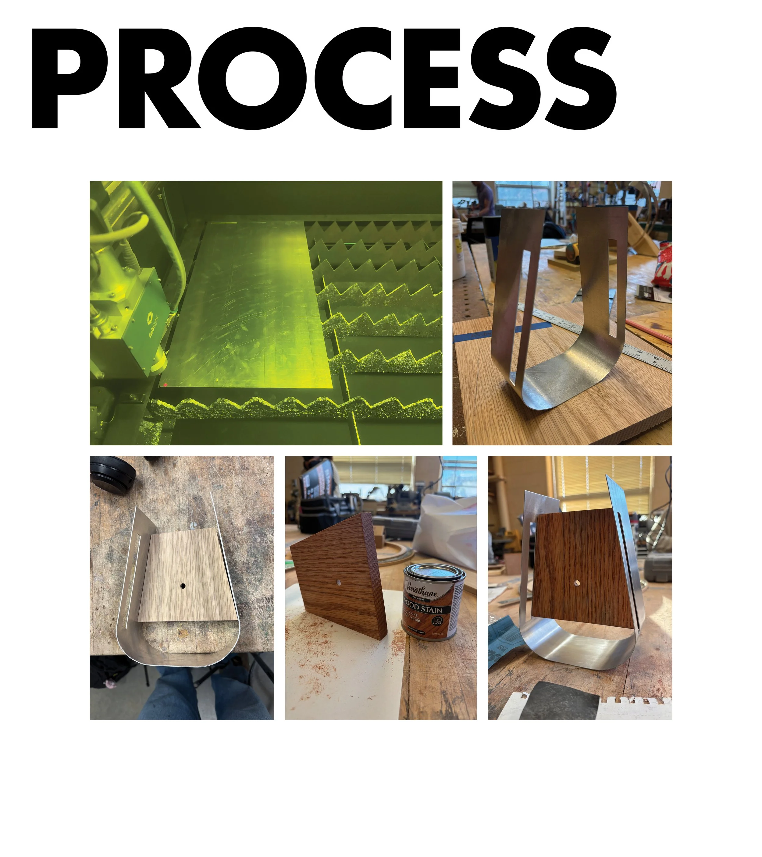 Images of woodworking and metalworking projects, including a laser cutter in action, a wooden letter 'L', and a wooden chair, with tools and materials in the background.