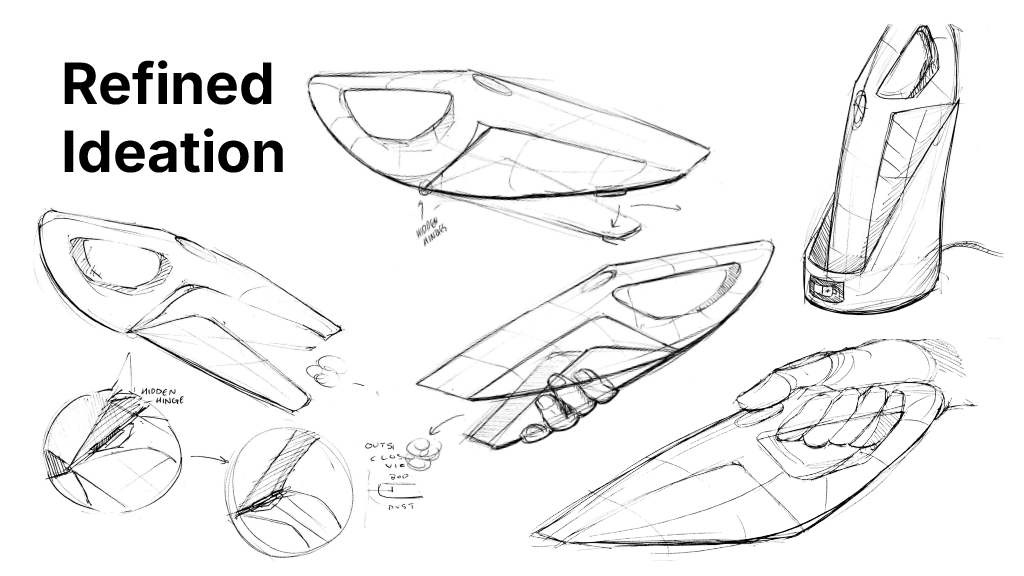 Sketches of a shoe sole, a device with a handle, and a hand holding a shoe in an aesthetic design process, with annotations like 'Refined Ideation' and notes on design details.