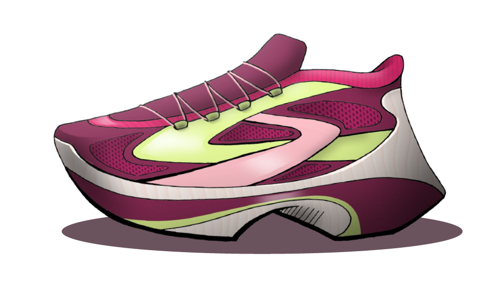 A colorful athletic shoe with pink, purple, green, and white accents.