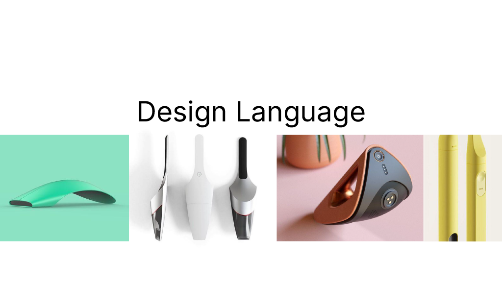A presentation slide titled 'Design Language' featuring images of various modern electronic devices including a computer mouse, a set of cleaning tools, a camera, and styluses.