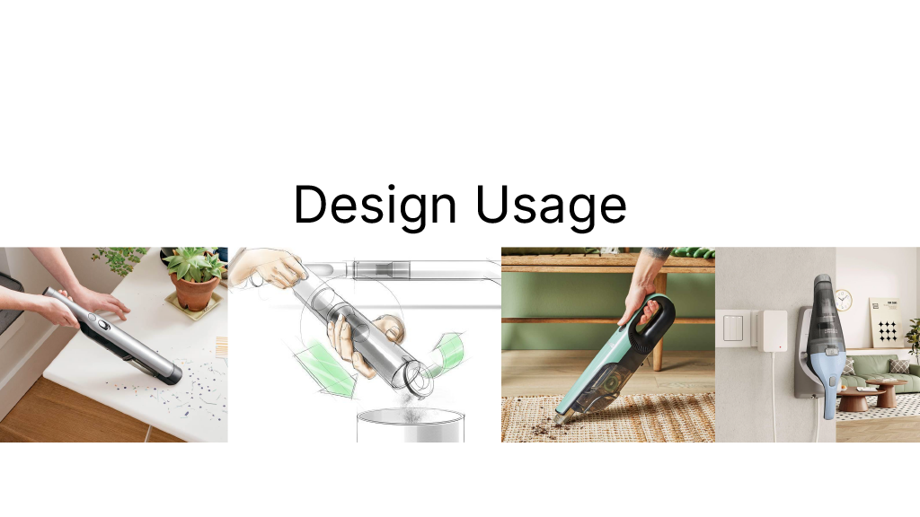 Collage of images showing vacuum cleaners and cleaning tools with the text 'Design Usage' in the center.