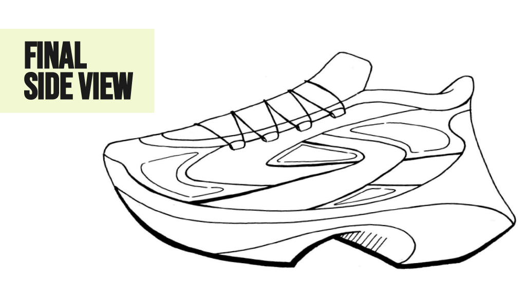 Line drawing of a running shoe, showing the final side view.