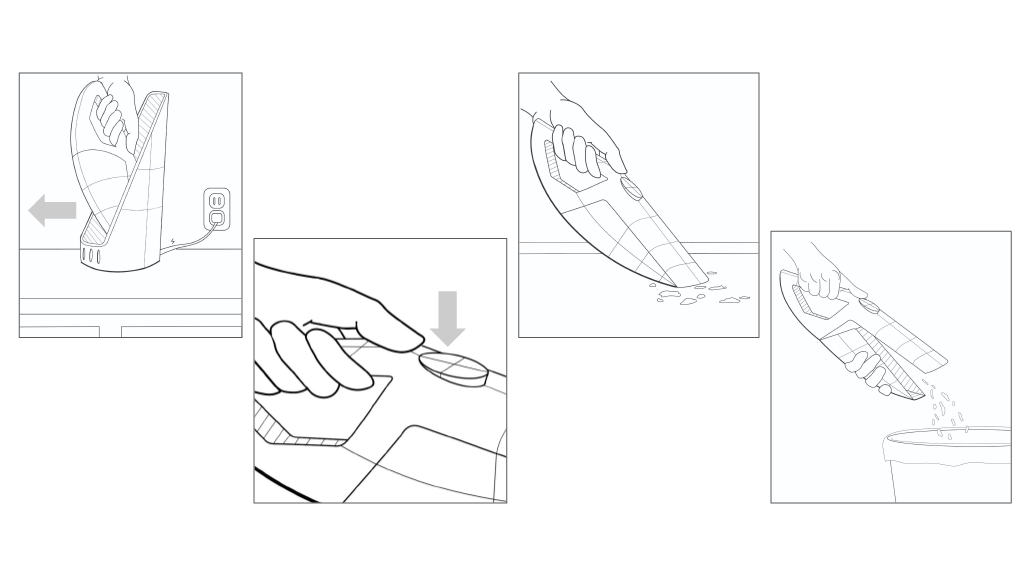 Line drawing of a handheld vacuum cleaner being plugged in, turned on, used to collect debris, and discarded into a trash bin.