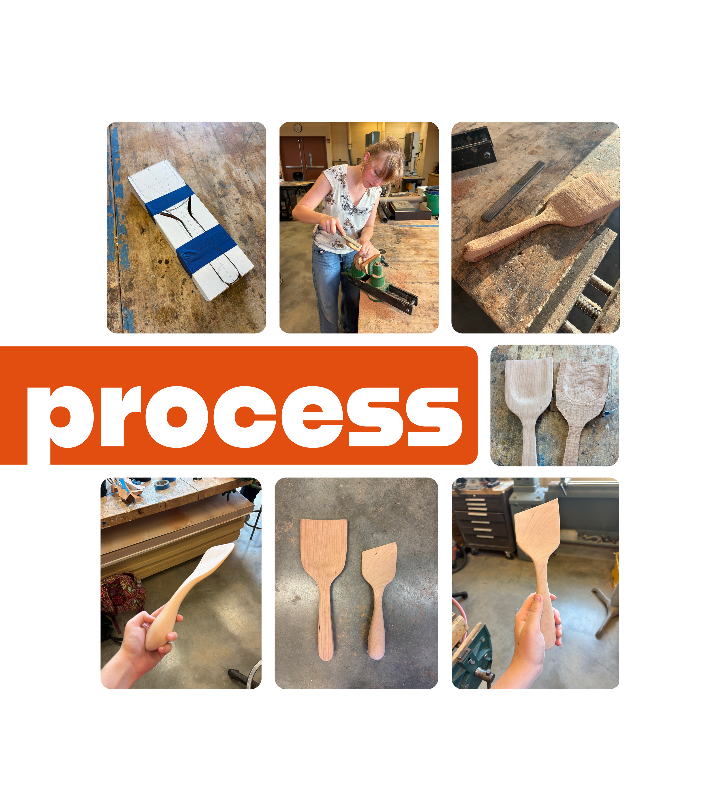 Images showing woodworking tools including wooden spatulas and spoons, a person working with a chisel in a workshop, and various woodworking projects on a workbench.