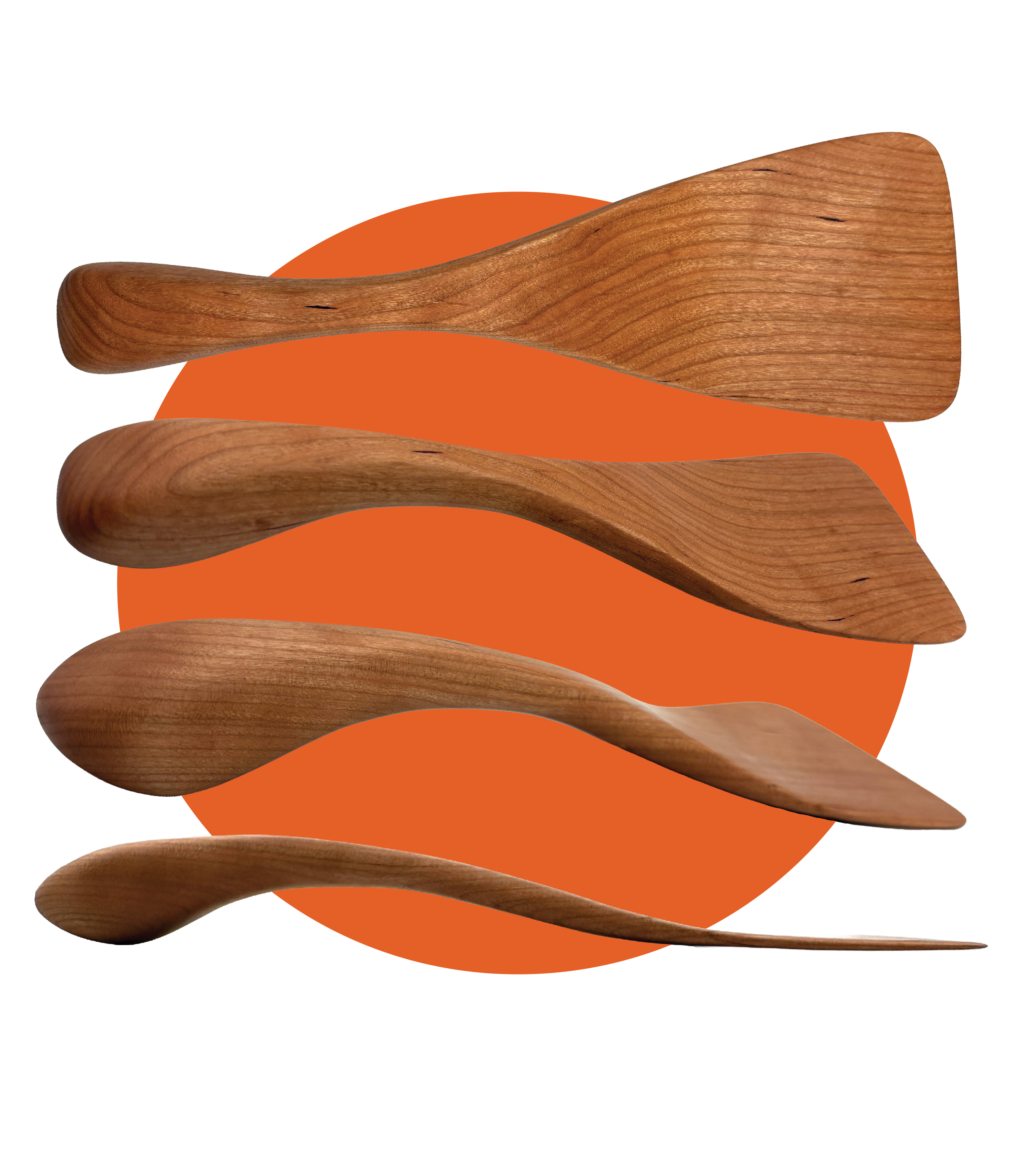 Multiple wooden spoons arranged on an orange circle background.