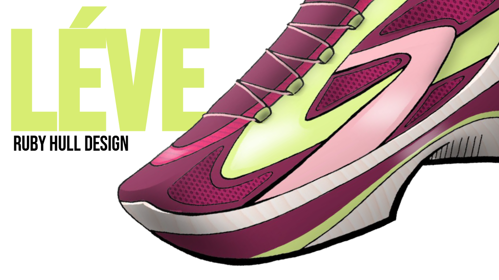 Close-up of a running shoe with a pink and green color scheme, featuring a modern design with the words 'LÊVE' and 'Ruby Hull Design'.