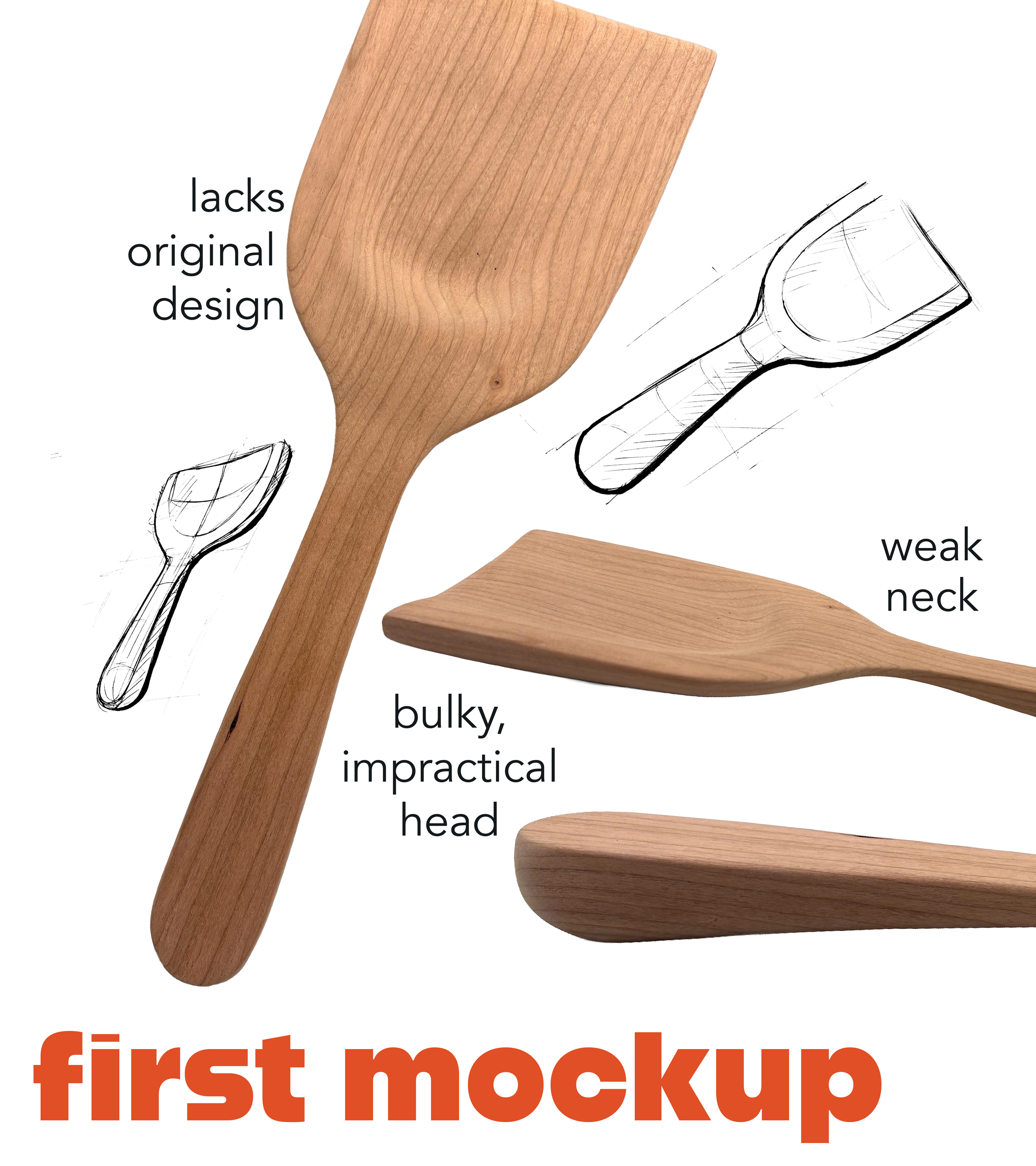Mockup of a wooden spatula with a sketch of a spoon on paper, showing design options with labels indicating issues like 'lacks original design,' 'weak neck,' 'bulky, impractical head,' and 'not ergonomic.'
