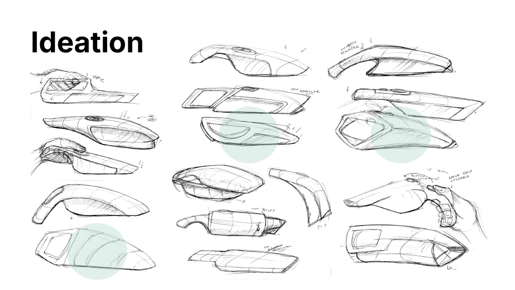 Sketches of various computer mouse designs labeled with notes and ideas for ergonomic features.