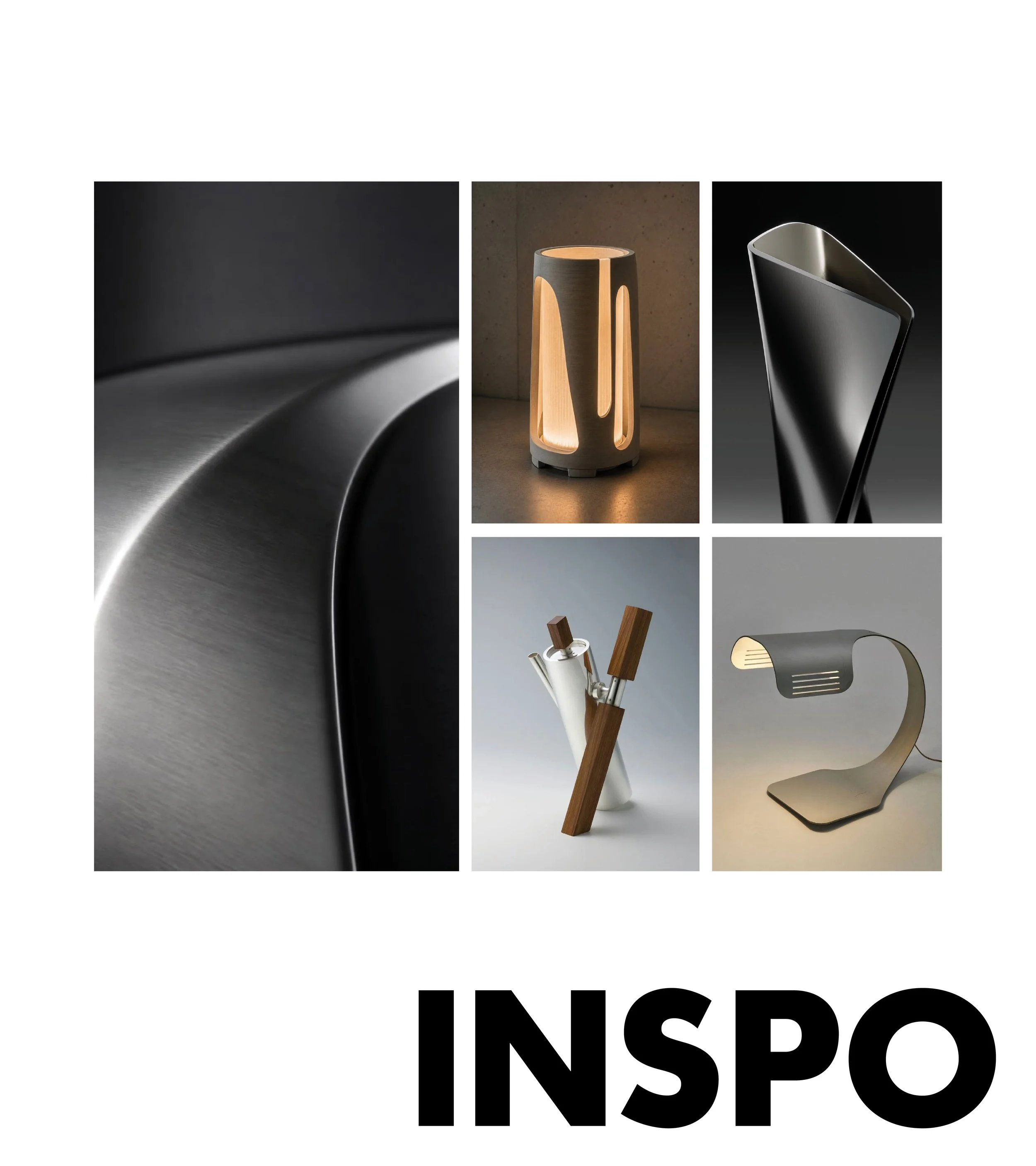 Collection of modern design objects including a sleek metallic curved surface, a wooden and black cylindrical lamp, a contemporary black and gray cone-shaped sculpture, a minimalist white watering can with wooden accents, and a stylish gray desk lamp with a curved stand.