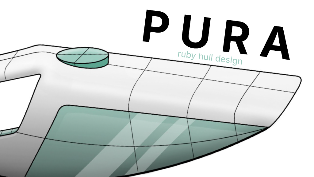 A digital illustration of the bow of a boat named Pura with a ruby hull design