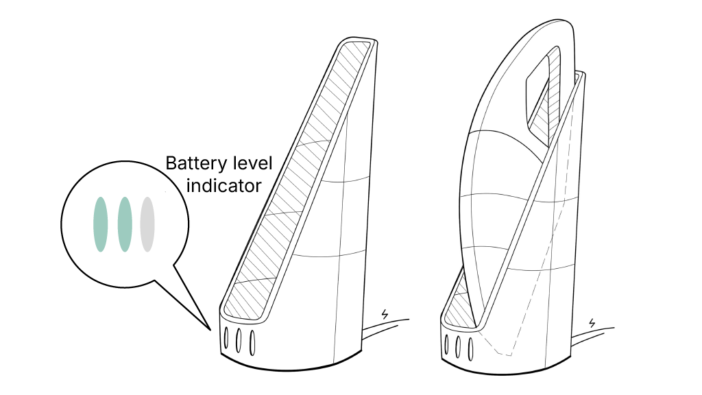 Line drawing of a cordless vacuum cleaner showing the battery level indicator with three bars, some of which are shaded to indicate power status.