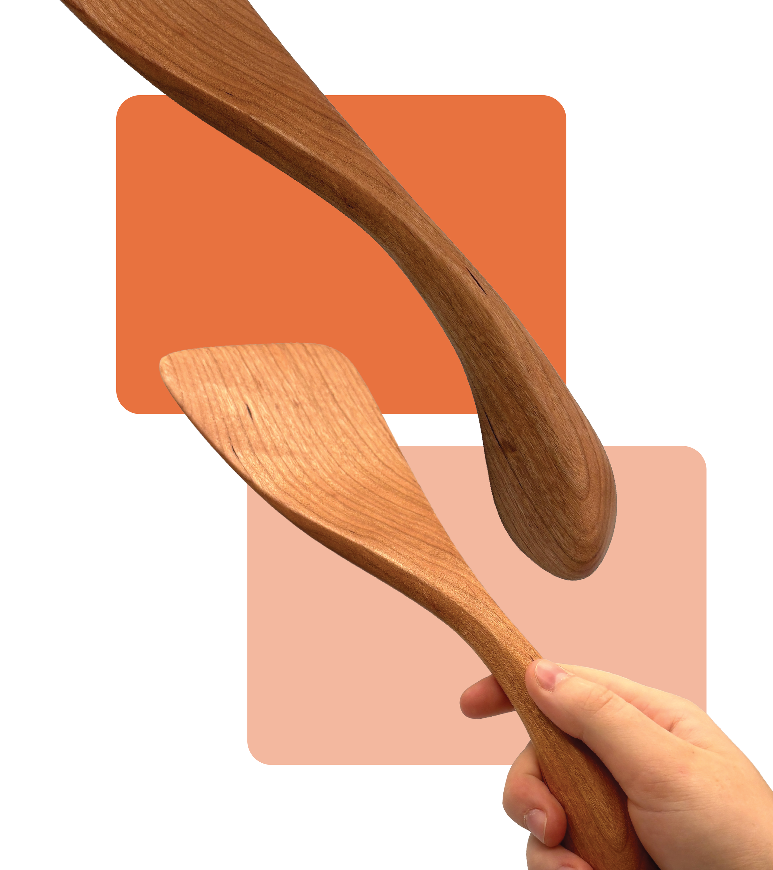 Close-up of a hand holding a wooden spoon, with two other wooden utensils overlapping against a background with orange and peach-colored squares.