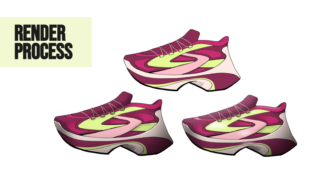 Illustration of a 3D sneaker with the text 'Render Process' in the top left corner.