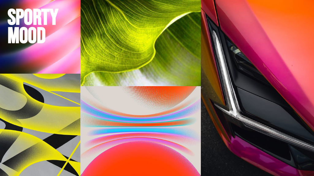 Collage of various abstract and nature images, including a pink sports car, a green leaf, and colorful digital patterns.