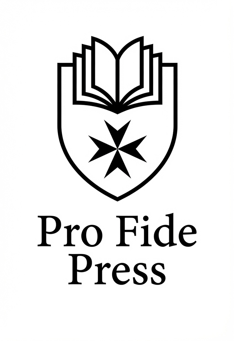 The device of Pro Fide Press: an open book above a shield bearing an eight-pointed cross