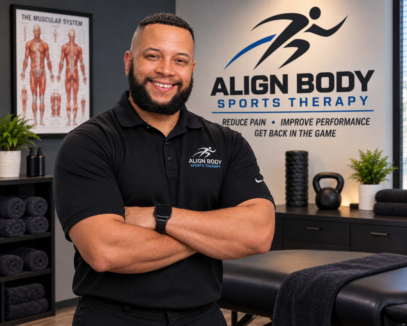 A smiling man in a black polo shirt with the 'Align Body Sports Therapy' logo, standing with arms crossed in a therapy or massage room. Behind him is a large poster of the muscular system and a sign that reads 'Align Body Sports Therapy' with services like pain reduction, performance improvement, and sports recovery. The room has therapy equipment, towels, and plants.