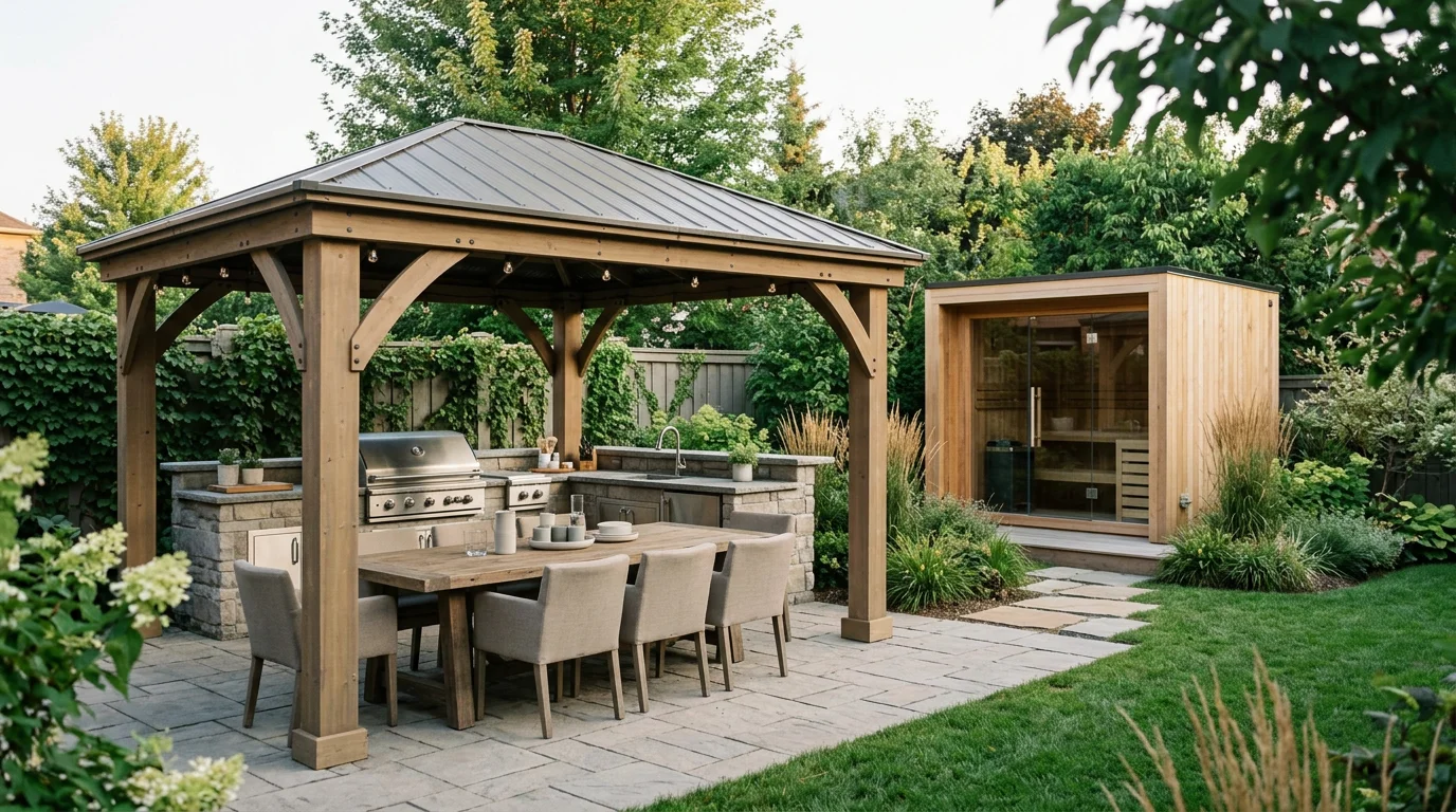 Backyard patio with a wood pavilion, outdoor kitchen and dining table, surrounded by gardens and a small wood sauna.