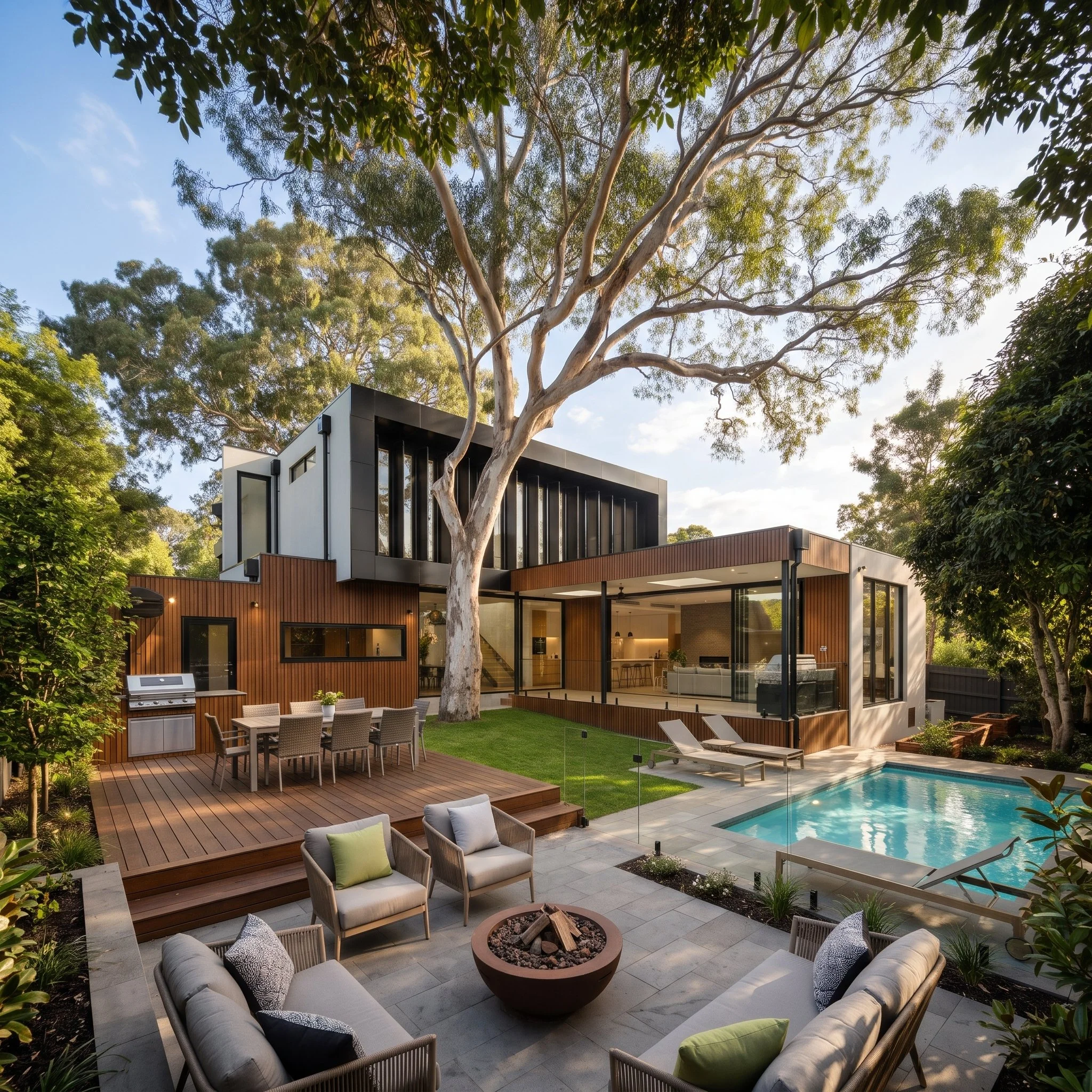 Modern luxury home with a landscaped backyard, swimming pool, outdoor kitchen, dining deck, lounge seating, and large eucalyptus tree