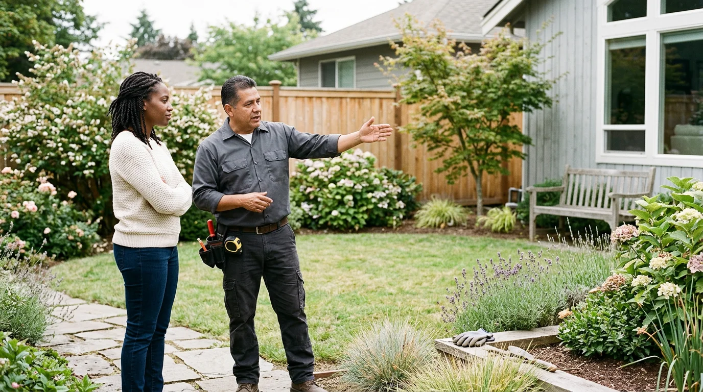 Landscaper discussing a backyard garden with a homeowner beside a house