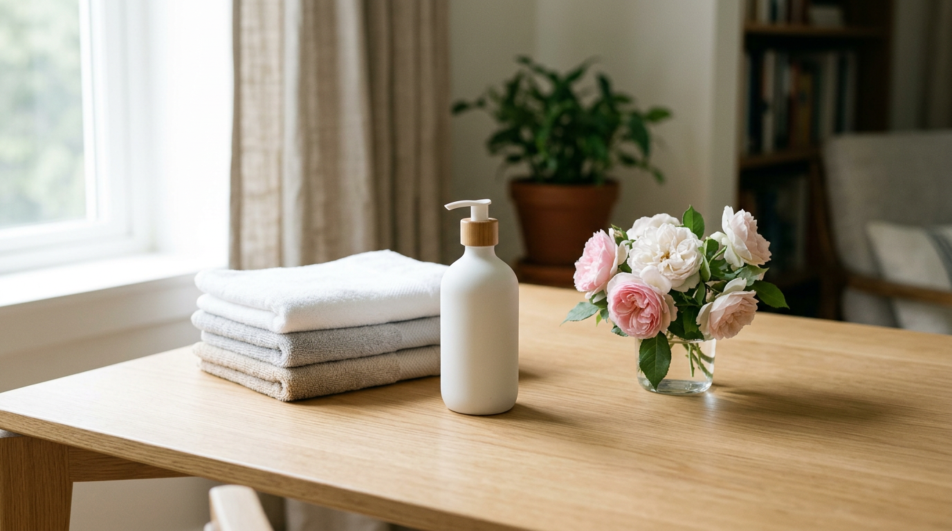 Folded white towels, a pump soap dispenser, and pink and white flowers in a glass vase on a wooden table