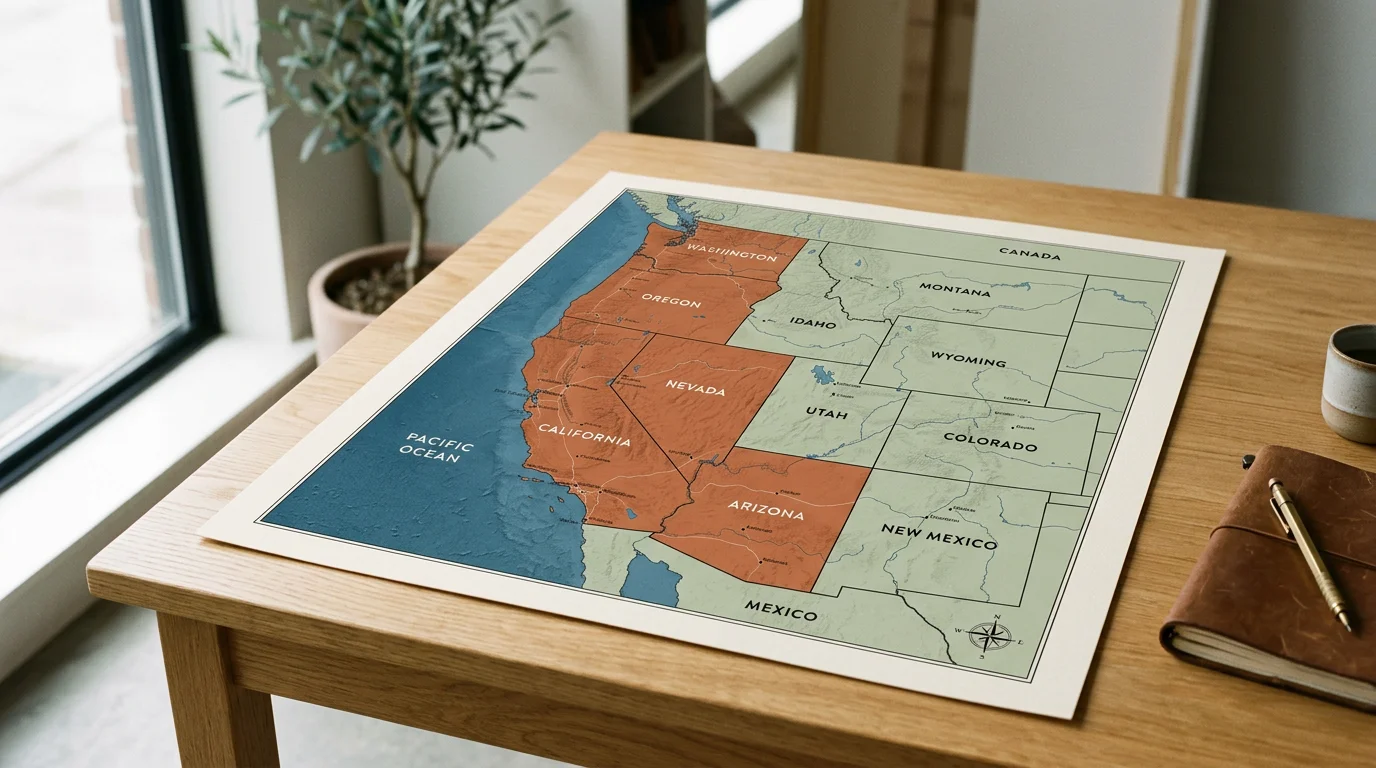 Map of the western United States on a wooden desk, with Pacific states highlighted in orange.