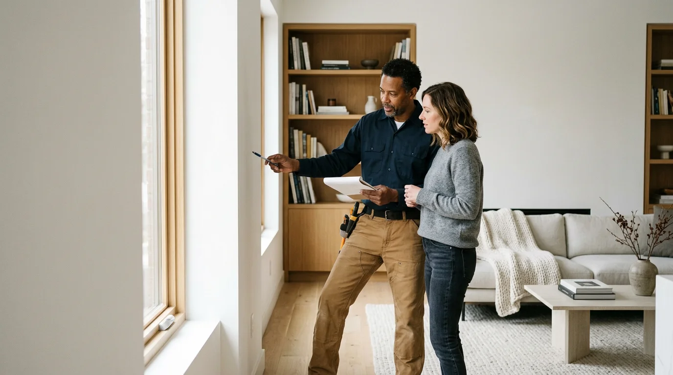 Home contractor showing renovation plans to a homeowner in a modern living room