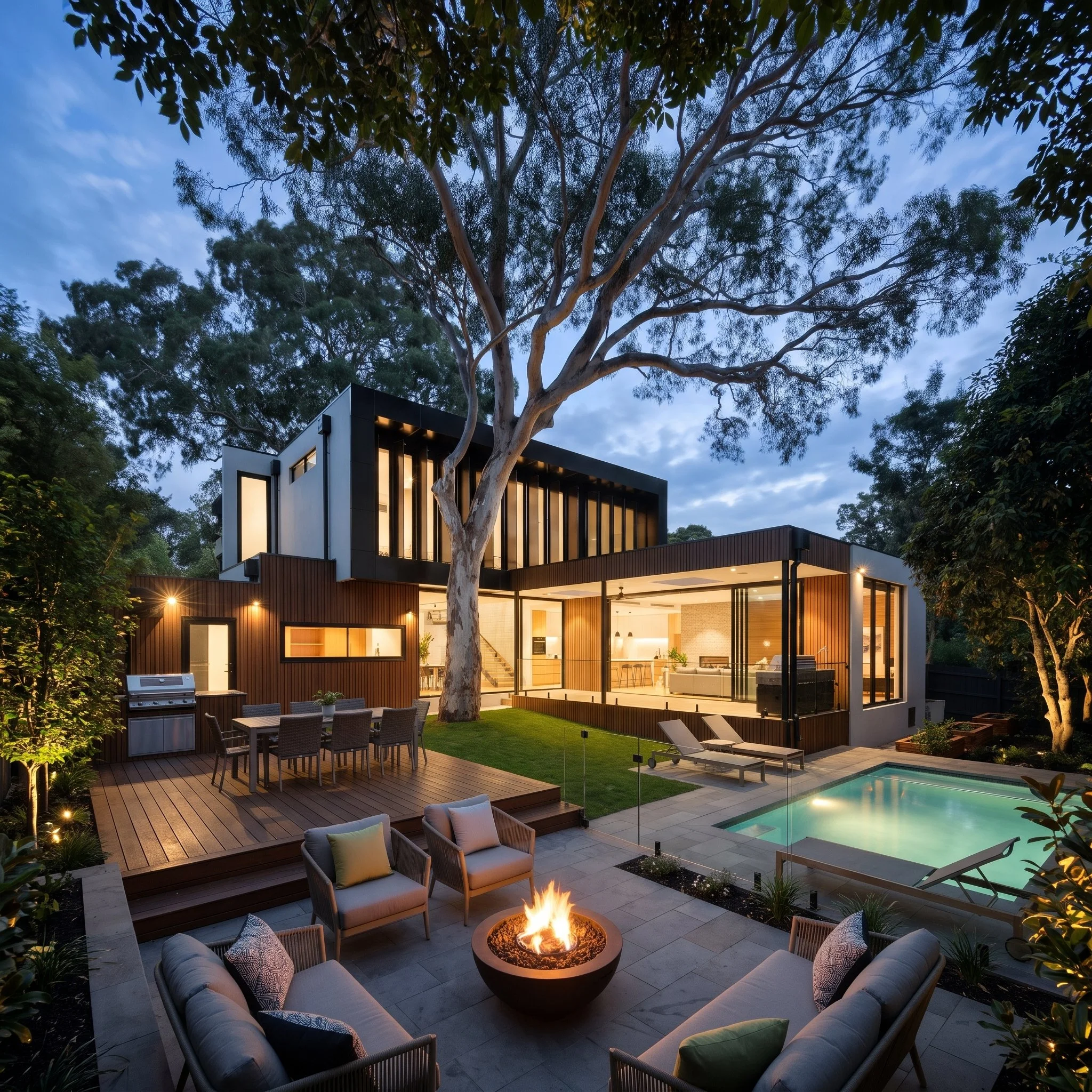 Modern luxury home with floor-to-ceiling windows, landscaped backyard, swimming pool, outdoor dining area, and fire pit beneath a large eucalyptus tree