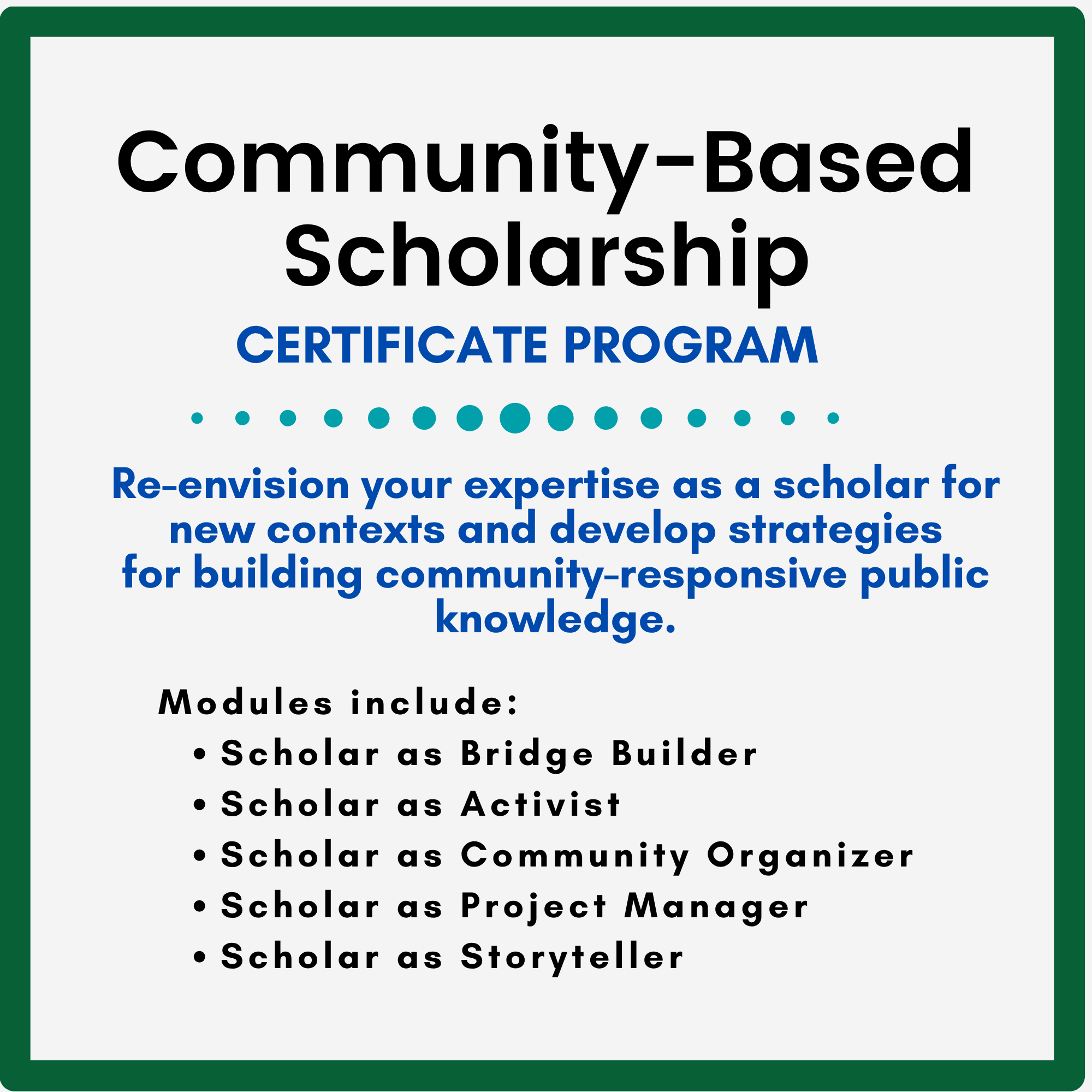 Community-Based Scholarship Certificate Program poster listing modules for scholars as bridge builders, activists, community organizers, project managers, and storytellers.
