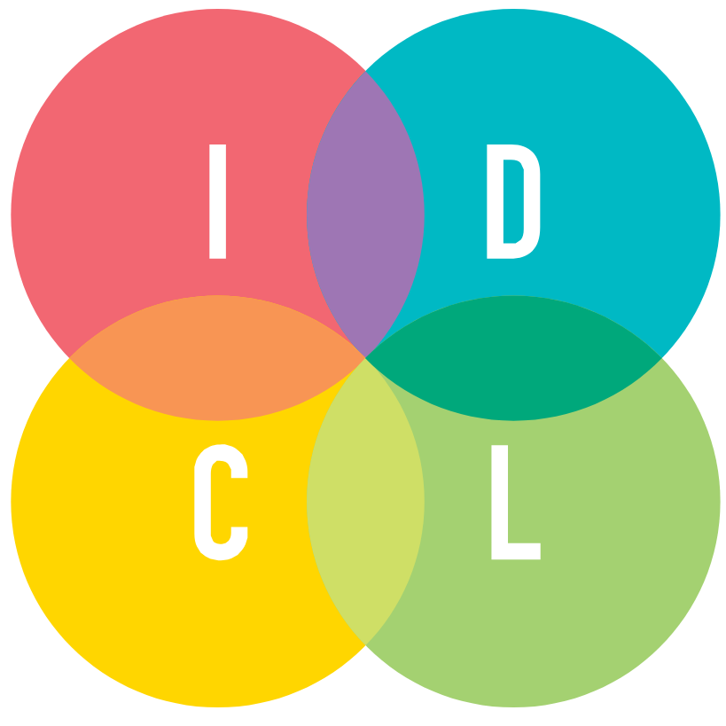 Four overlapping colored shapes labeled I, D, C, and L, spelling IDCL