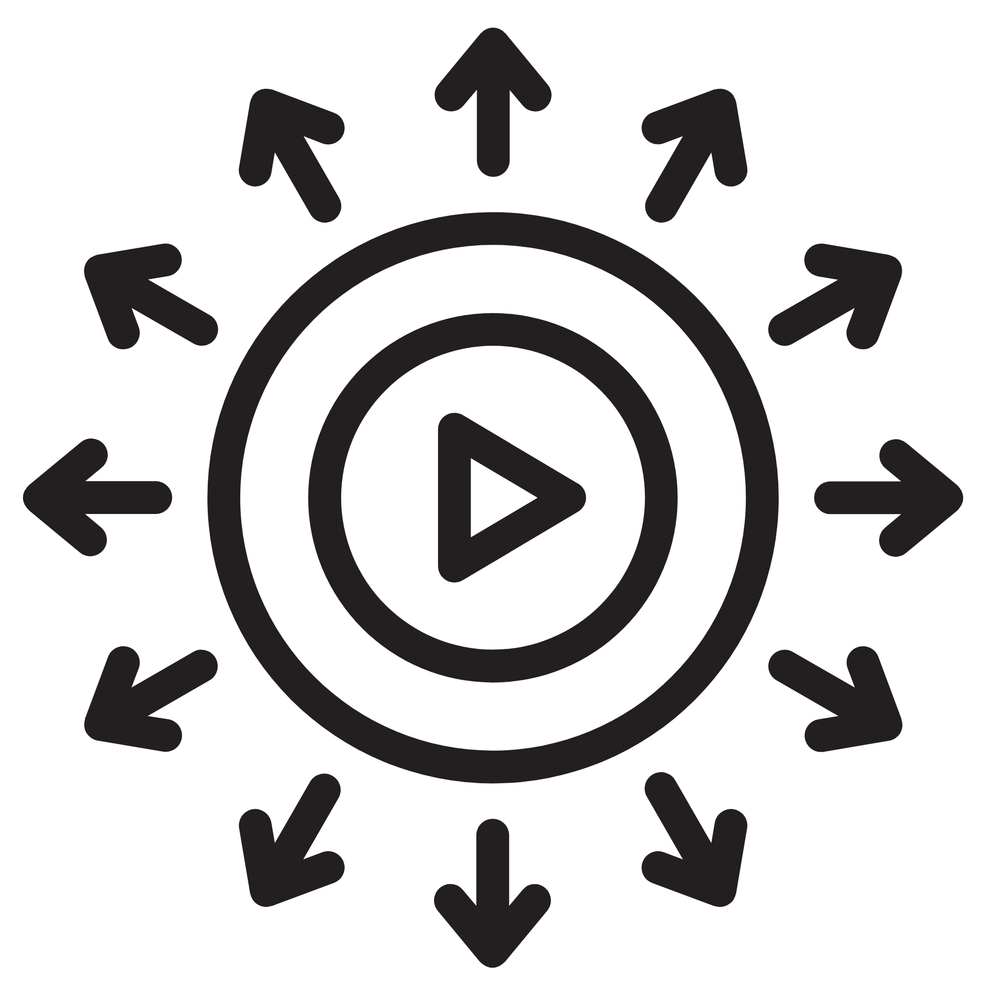 Black play button surrounded by outward-pointing arrows symbolizing video sharing or distribution