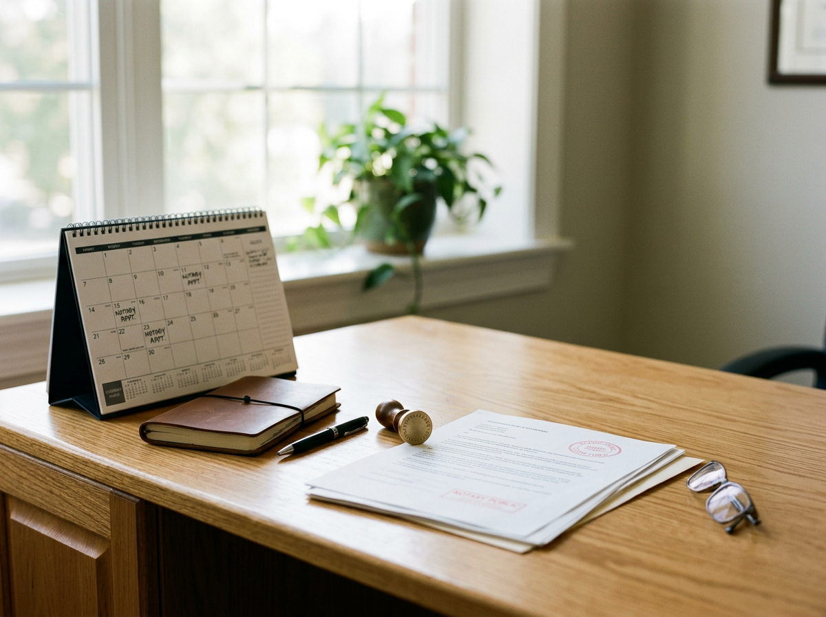 A wooden office desk with a desk calendar, a closed notebook, a pen, a rubber stamp, a stack of printed documents, and a pair of reading glasses. A window with natural light and a potted plant in the background.