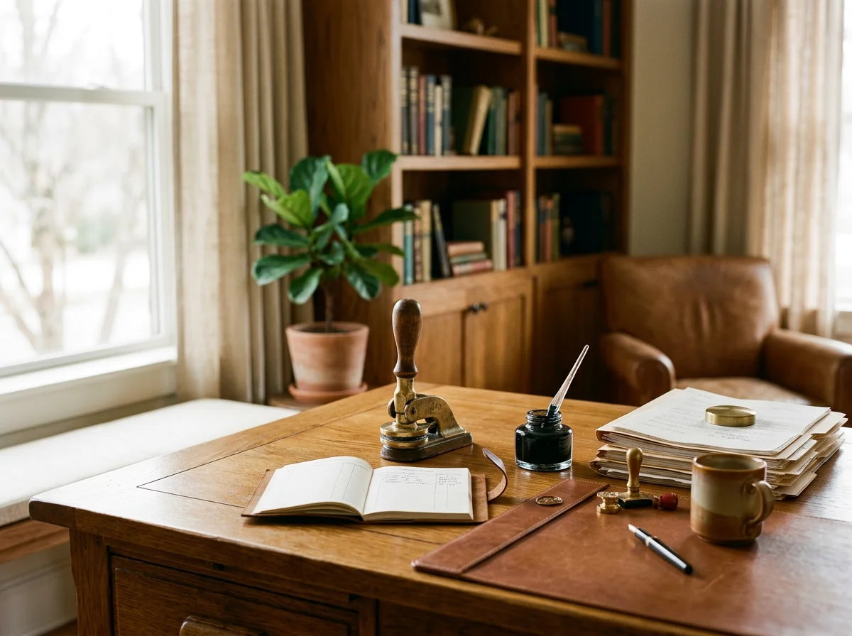 Home office with wooden desk, open book, rubber stamp, ink bottle, pen, stack of papers, coffee mug, leather pad, leather armchair, bookshelf, potted plant, window with curtains.