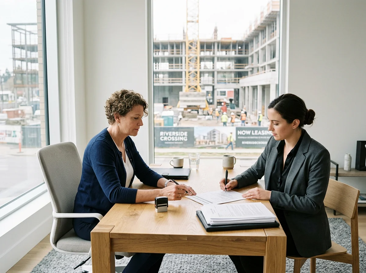 Two women sitting at a wooden table in a modern office, reviewing documents and signing papers, with construction site visible through large windows behind them.