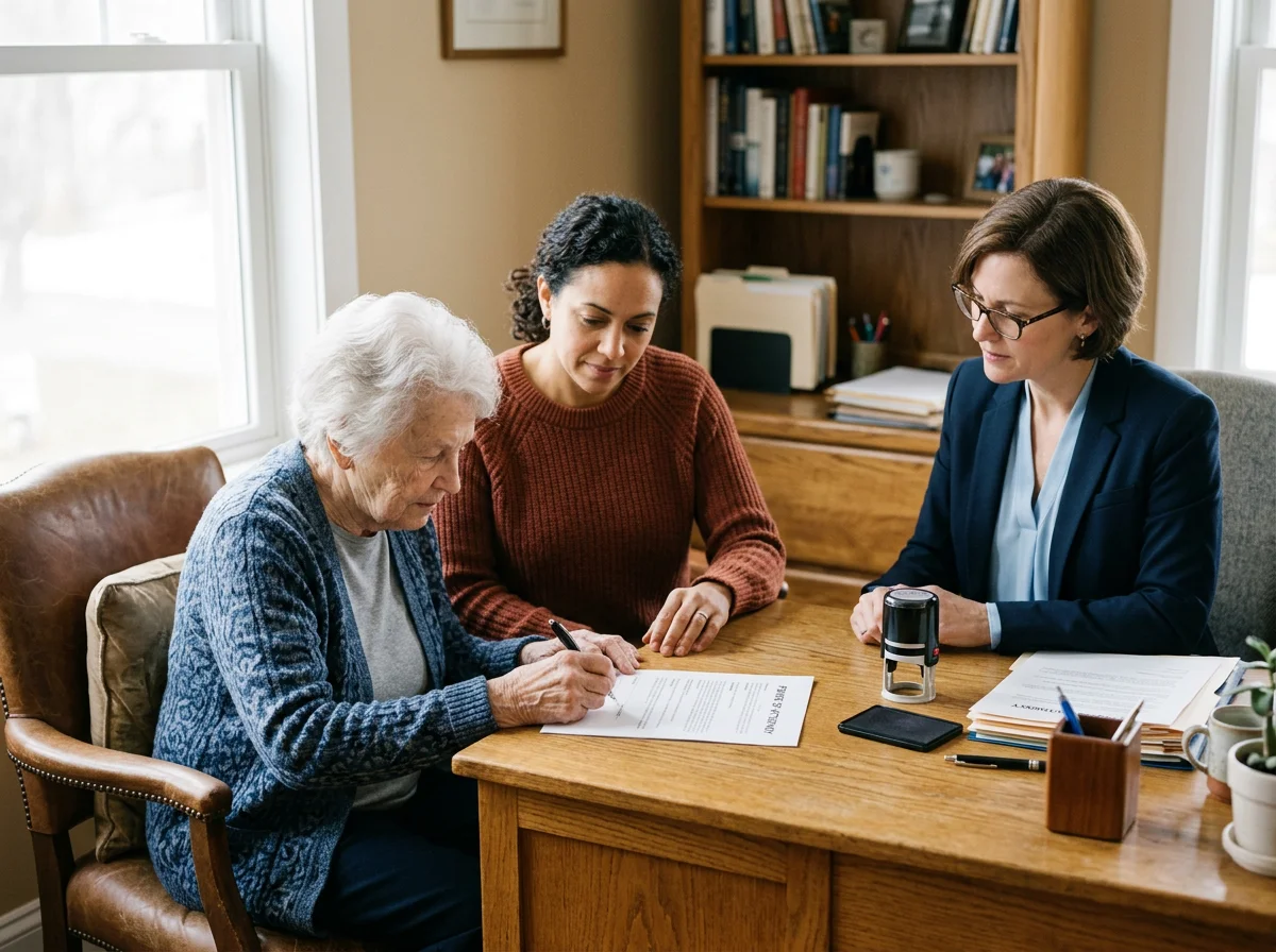 Three women seated around a wooden table, one elderly woman signing a document while two younger women observe, in a room with a bookshelf and window in the background.