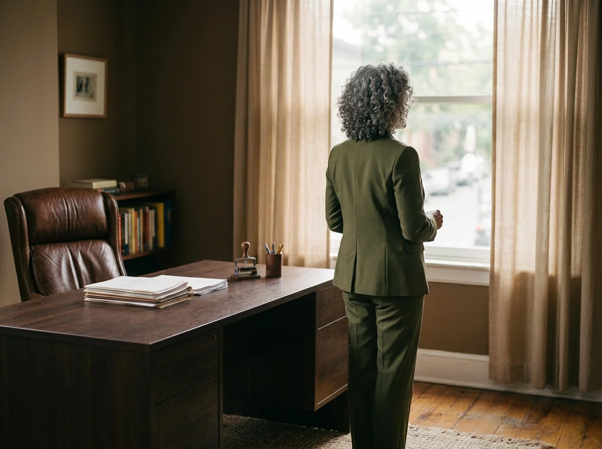 A woman in a green suit stands in an office, looking out a window with beige curtains, a wooden desk with papers, a brown leather chair, and a bookshelf in the background.