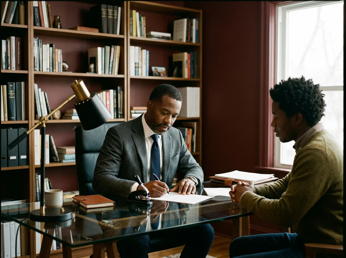 A man in a suit sitting at a glass desk, signing a document while a young man listens across from him, in an office with wooden bookshelves filled with books in the background.
