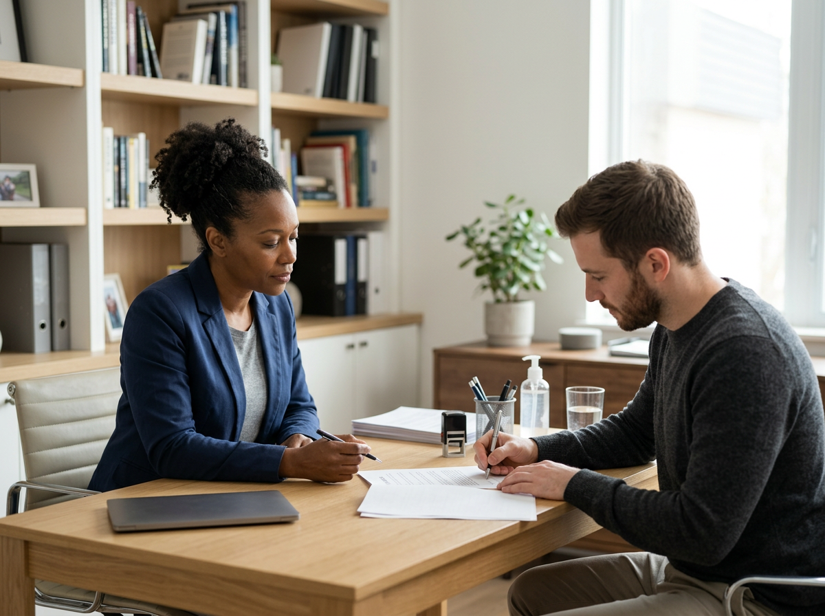 A woman and a man sitting across from each other at a wooden table in a bright room, reviewing documents. The woman wears a blue blazer and the man wears a dark sweater. There are shelves with books and framed photos in the background, along with a potted plant on a side table.