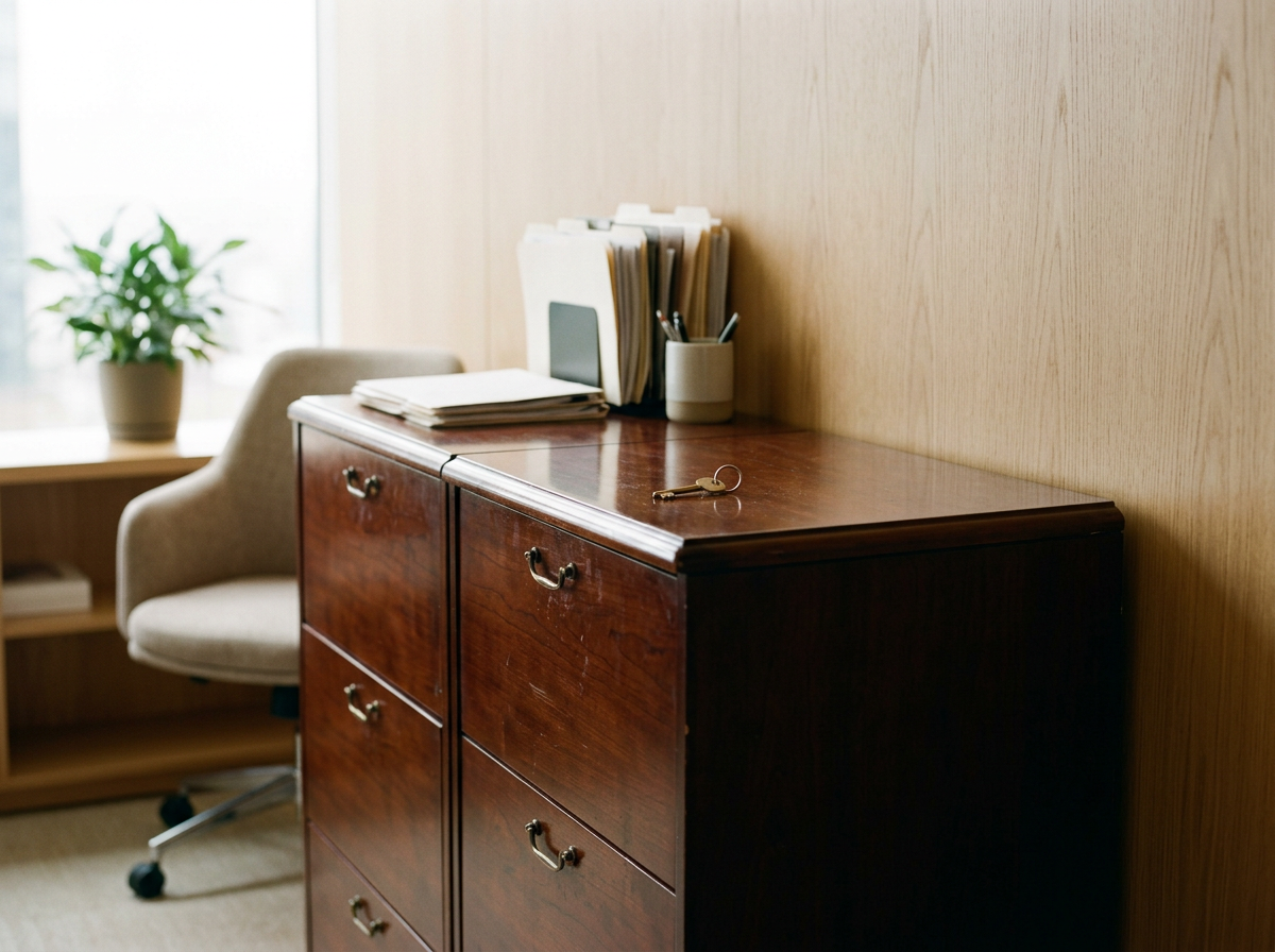 A wooden desk with a key on top, a stack of papers, two file folders, a pen holder with pens, and a white chair with a beige cushion. A potted plant and a window are visible in the background.