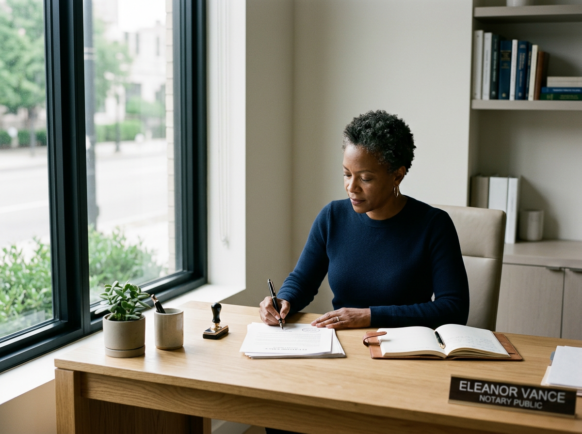 A woman sitting at a wooden desk, signing documents with a pen, in a bright office near large windows with a view of greenery outside. There are potted plants, a stamp, an open notebook, and a nameplate reading 'Eleanor Vance, Notary Public' on the desk.