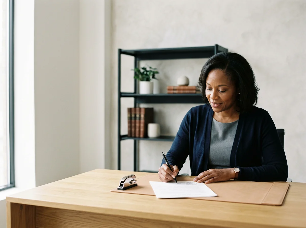 A woman sitting at a desk, signing a document with a pen. The desk has a clip and a brown folder. Behind her is a black shelf with books and decorative objects, and there is a window to the left.