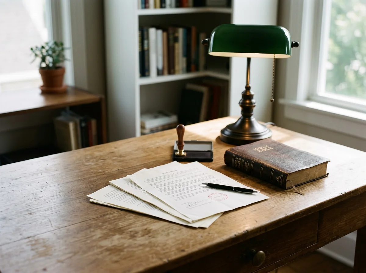 Wooden desk with scattered papers, a black pen, a large old book, a green banker’s lamp, and a stamp in a room with a bookshelf, a small potted plant, and windows with natural light.