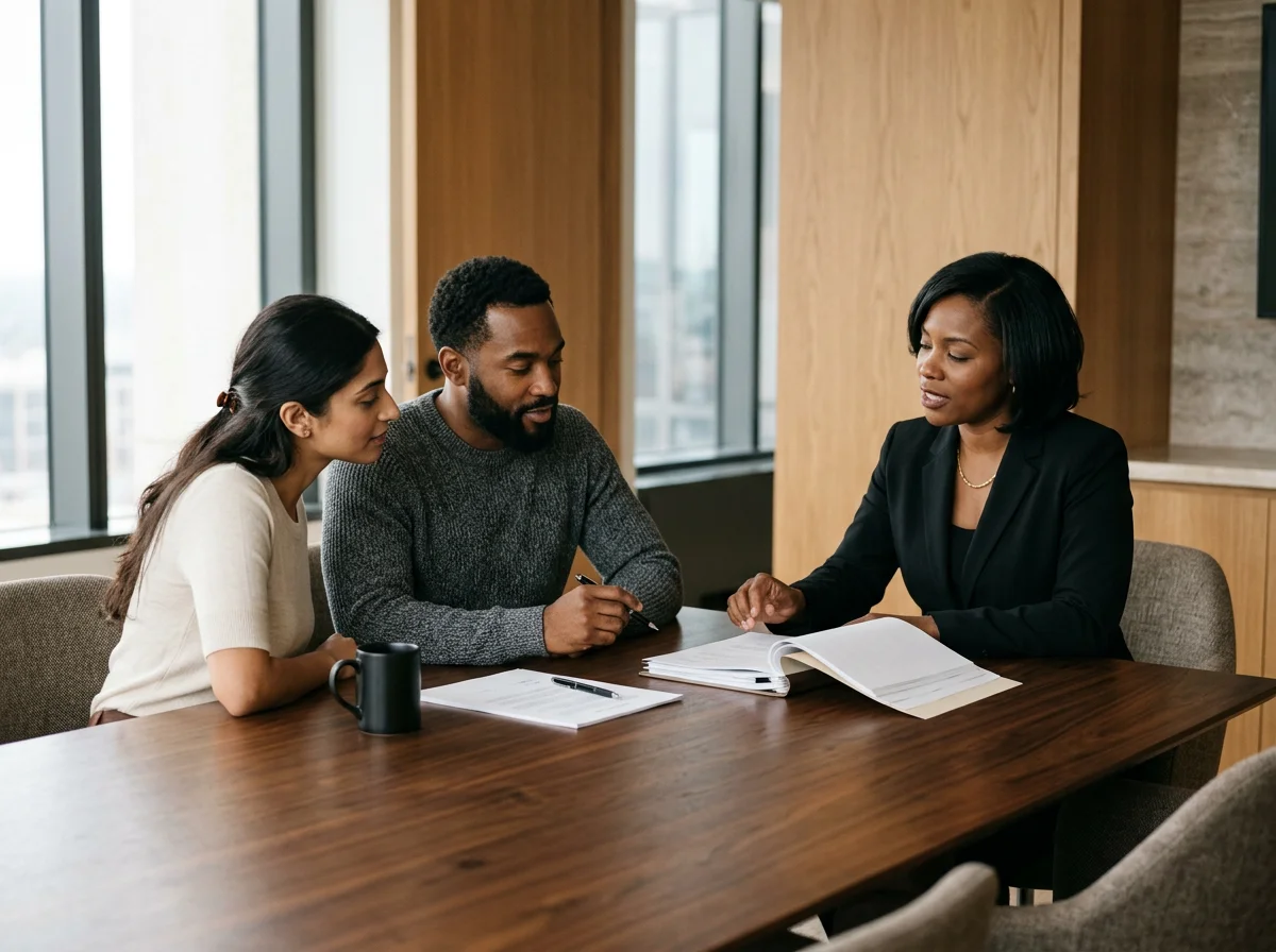 Three people sitting at a table in an office, engaged in a discussion, with documents and a mug present.