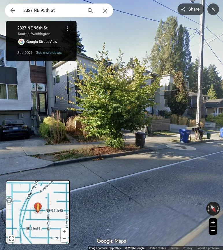 Existing concrete sidewalk on the south side of NE 95th Street in front of 2327. Google Street View, September 2025.