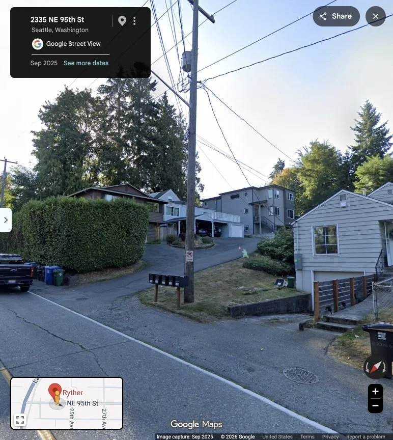 Steep driveways serving homes on the south side of NE 95th Street. Residents report winter access difficulties. Google Street View, September 2025.
