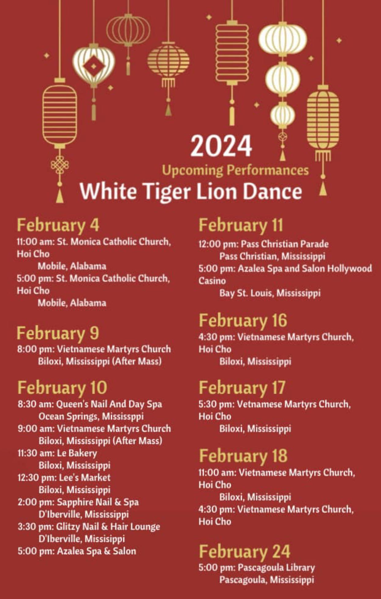 2024 White Tiger Lion Dance Lunar New Year schedule