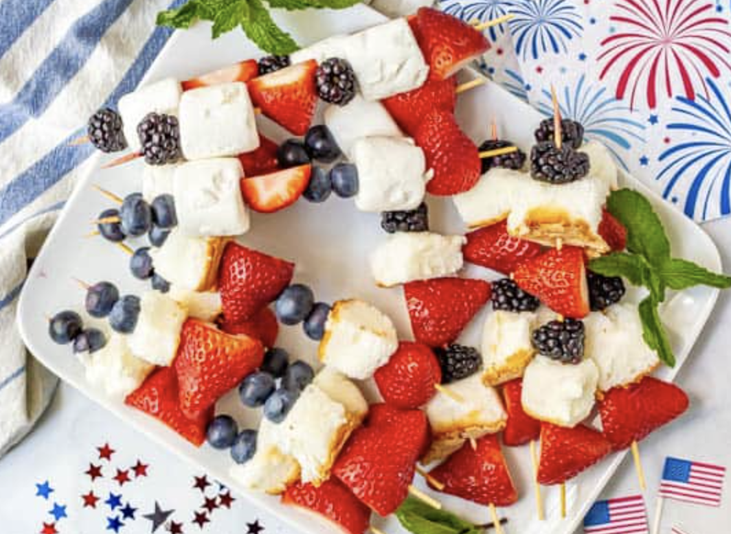 Patriotic fruit kabobs with strawberries, blueberries and marshmallows